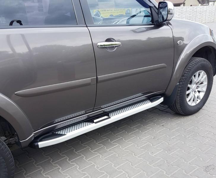 Купить Боковые пороги Mevsim Grey (2 шт., алюминий) для Mitsubishi Pajero Sport 2008-2015 гг