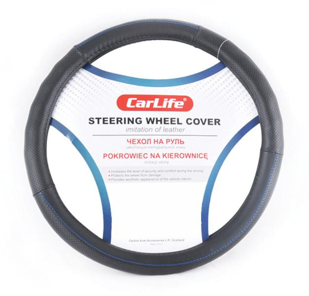 Купити Чохол на кермо Carlife 39-41 см зі штучної шкіри, чорний із синьою ниткою