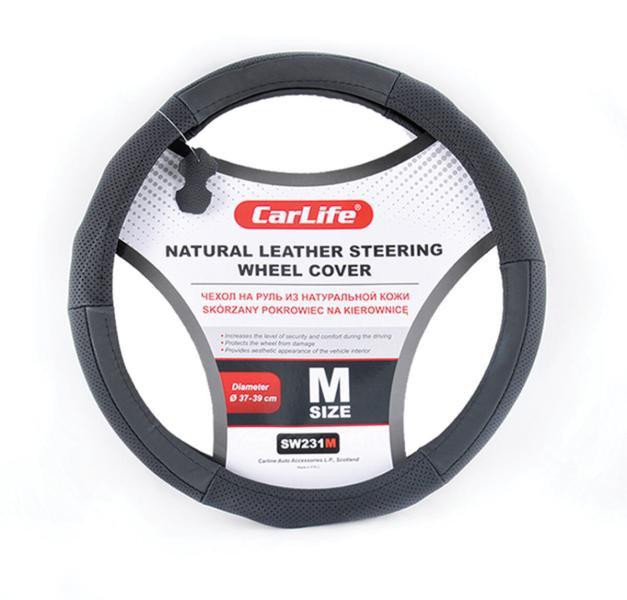 Купить Чехол на руль Carlife 37-39 см кожаный, черный SW231M
