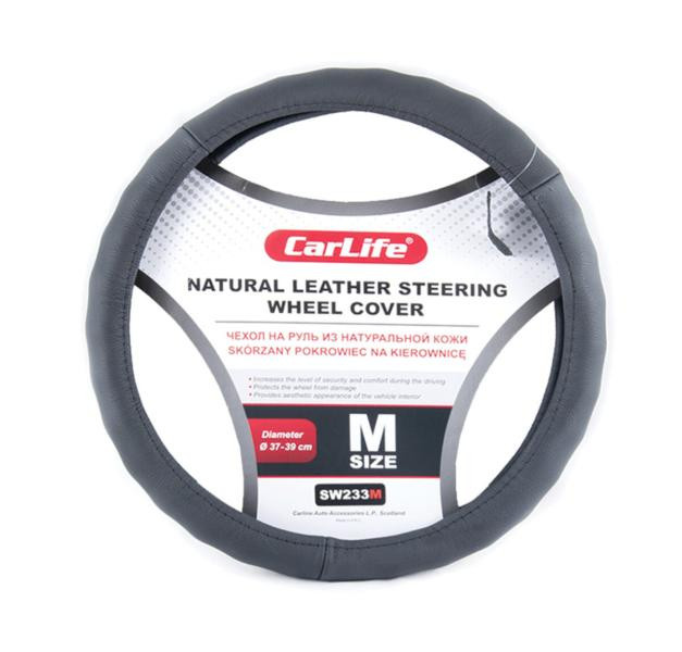 Купить Чехол на руль Carlife 35-37 см кожаный, черный SW233S