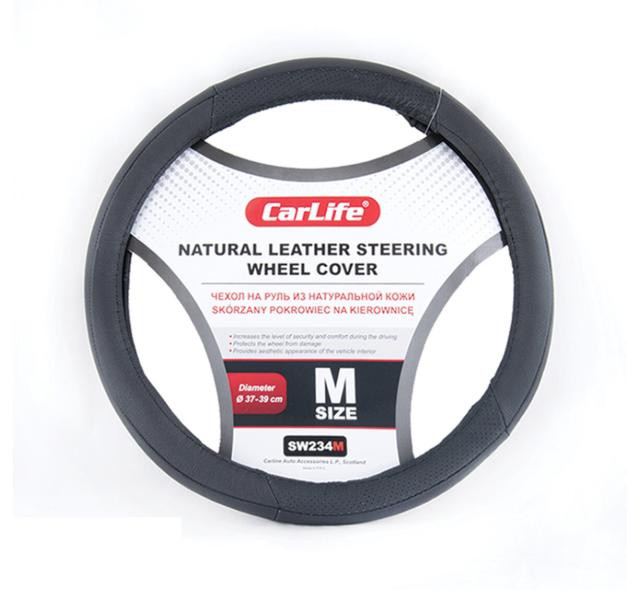 Купить Чехол на руль Carlife 37-39 см кожаный, черный SW234M