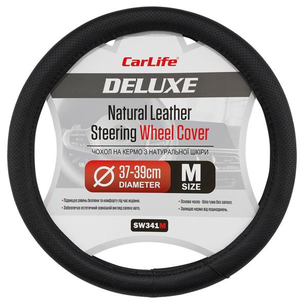 Купить Чехол на руль Carlife 37-39см, кожа, черный, белая резина, один шов, перфорированный SW341M