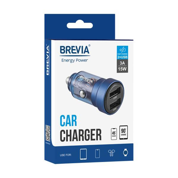 Купить Автомобильное зарядное устройство Brevia ePower DualDrive 15W 2xUSB-A, прозрачный синий