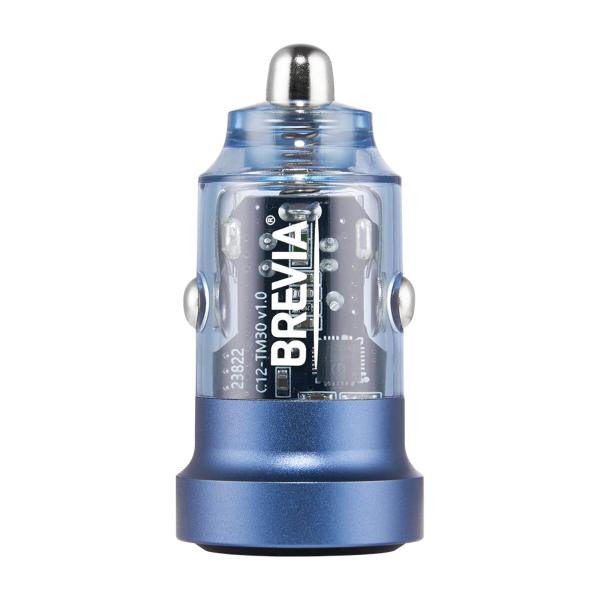 Купити Автомобільний зарядний пристрій Brevia ePower DualCharge 30W 1xUSB-C+1xUSB-A, прозорий синій