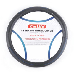 Купити Чохол на кермо Carlife 37-39 см зі штучної шкіри, чорний із синьою ниткою