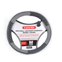 Купить Чехол на руль CarLife 39-41 см кожаный черный с серыми вставками