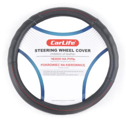 Купити Чохол на кермо Carlife 41-43 см зі штучної шкіри, чорний з червоною ниткою