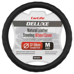 Купить Чехол на руль Carlife 37-39см, кожа, черный, белая резина, один шов, перфорированный