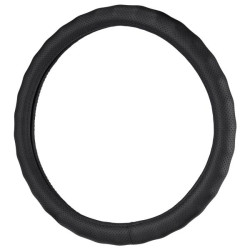 Купить Чехол на руль Carlife 37-39см, кожа, черный, белая резина, один шов, перфорированный