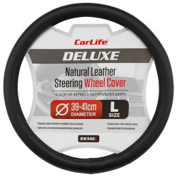 Купить Чехол на руль Carlife 39-41см, кожа, черный, белая резина, один шов SW340L