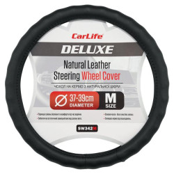 Купить Чехол на руль Carlife 37-39см, кожа, черный, белая резина, один шов SW342M