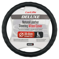 Купить Чехол на руль Carlife 39-41см, кожа, черный, белая резина, один шов SW342L