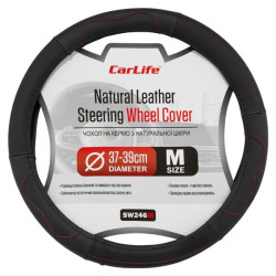 Купить Чехол на руль Carlife 37-39см, кожа, черный с красной нитью