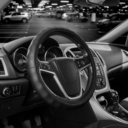 Купить Чехол на руль Carlife 39-41см, кожа, черный, белая резина, один шов, перфорированный SW343L