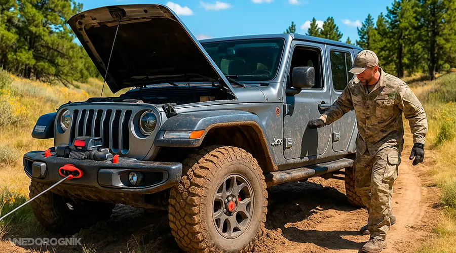 Сломанный внедорожник на бездорожье из-за некачественного снаряжения – иллюстрация к статье от Vnedorognik.ua.