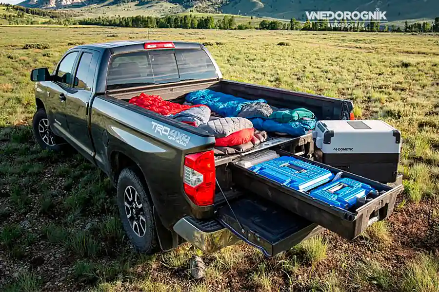 Професійні багажні системи для позашляховиків та пікапів. Позашляховик з висувною системою в багажнику на фоні гірського пейзажу.