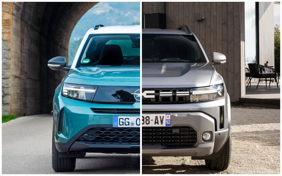 Split-collage of the front end of two crossovers: turquoise Opel Frontera and silver Renault Duster. Visual comparison of main competitors in Ukraine.